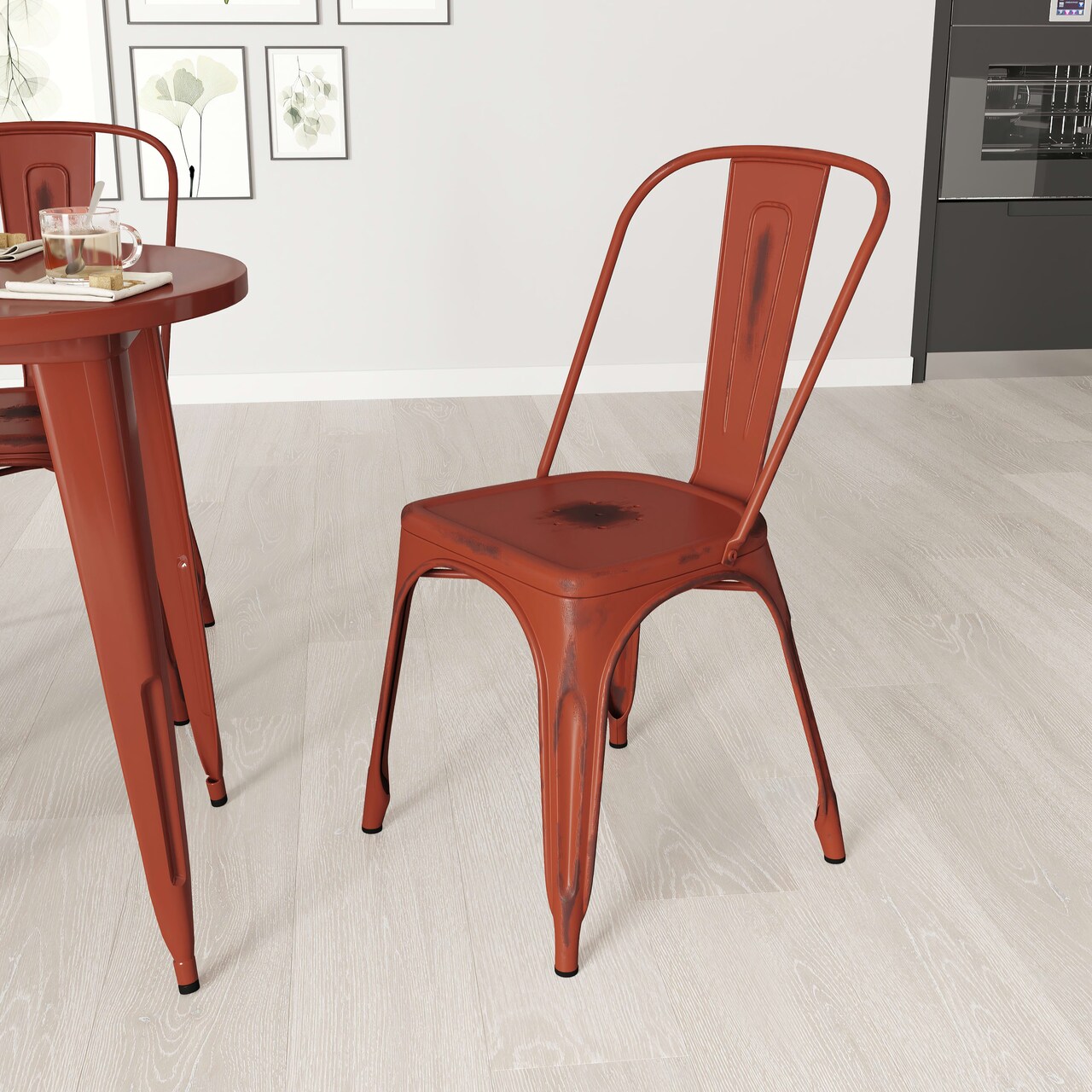 Merrick Lane Banks Indoor/Outdoor Stacking Metal Dining Chair with Single Slat Back and Distressed Powder Coated Finish